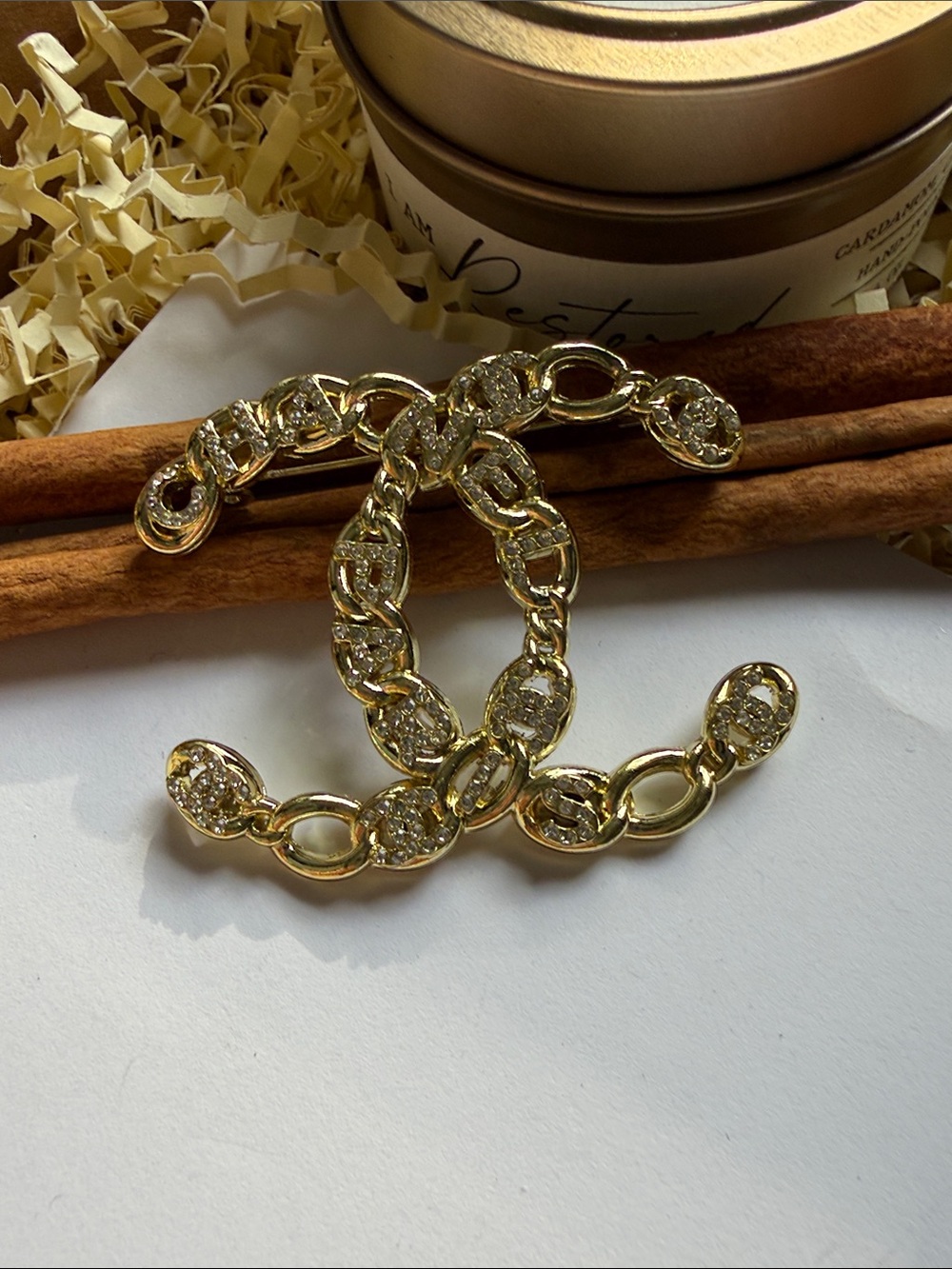 Fashion Jewelry Gold-Tone Crystal Chain CC Brooch